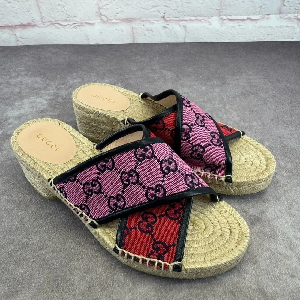 Gucci Multicolor Criss Cross Strap Red and Pink Espadrille Sandals Slides 37